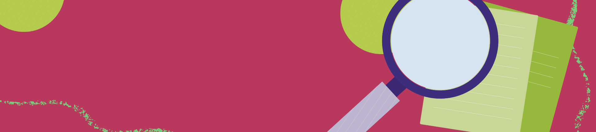pink banner with green circles, green folders and a purple magnifying glass