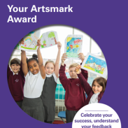 A cover image with a circle of young people holding up art work and smiling 