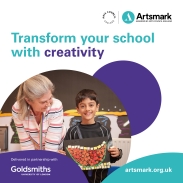 Front cover of an Artsmark booklet that says 'Transform your school with creativity' and has an image of a teacher with a boy proudly holding up his art work.