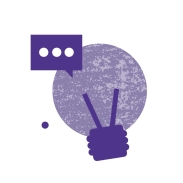 Purple illustration of a round lightbulb with a speech bubble