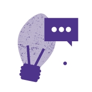 Purple illustration of an oval lightbulb with a speech bubble