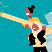 Turquoise image with an illustration of a woman holding another woman up who is holding on oversized pencil. 