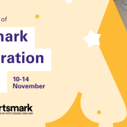 Graphic card for Artsmark Celebration Week, 10–14 November, with children showing artwork in a classroom and Artsmark logo.