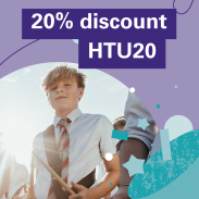 Purple image with boy playing drums with a code for 20% off that says HTU20 