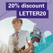 Purple image with boy playing drums with a code for 20% off that says LETTER20